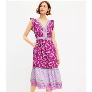 LOFT Ruffle Sleeve Fuchsia Purple Midi Dress NWT Size 6